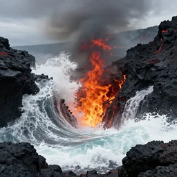 inferno!!!! waves crashing against mountainous volcanic rocks, dramatic composition film cinematography, figurative surrealism depicting complex geometry, pop nature art 3 d fractal rendering, juxtapoz, 4 k wallpaper masterpiece