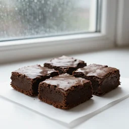 fudge brownies on a table next to a window, rainy day, sharp focus