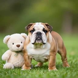 a bulldog puppy and stuffed animal hybrid, hyper realistic, realistic lighting, wildlife photographer of the year, bokeh, bold natural colors, national geographic, hd, wide angle, 8 k