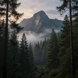 deep forest of foggy pine trees, majestic landscape, dusk, very detailed, octane render, realistic, 8 k, unreal engine 5, dramatic, volumetric, mountain, greg rutkowski