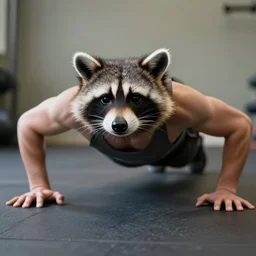 a man with a raccoon's head doing push ups