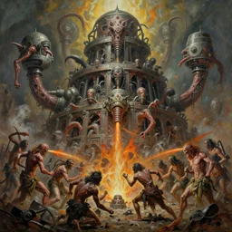 oil paint of 1 1 flayed gods fighting spewtum, in tiers, colossal medical gangrene machines in tiers, dethroning melee, battle for the pit, by shigeru komatsuzaki, wayne d barlowe, stefano tamburini, ember light, muted colors, epic, hyper detailed, awe inspiring, award winning horror, narrative lighting, hyper realism, cinematic