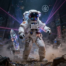 astronaut performing satanic ritual, technology and magick, circuitry and sigils combined, photorealistic, royo, frazetta, leds, dust, laser light, crystalline shimmers, chaos, complexity, emergence,