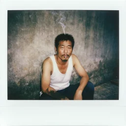 a polaroid photo of a disheveled middle - aged chinese man wearing a singlet while smoking, sitting down next to a wall
