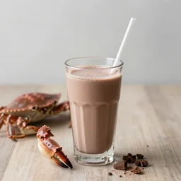 crab drinks chocolate milk with a straw