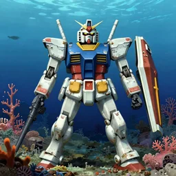 abandoned derelict gundam, rusty and damaged, in a coral reef, art by yoji shinkawa