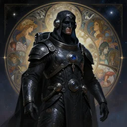 dark portrait of a techno wizard astronaut, fantasy, intricate, elegant, highly detailed, digital painting, artstation, smooth, sharp focus, illustration, epic cosmic background, art by artgerm, alphonse mucha, epic cosmic background, erak note, eddie mendoza, christophe young, craig mullins, evan lee, silvain sarrailh, dao trong le, kan liu, character design, trending on artstation