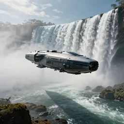 a spaceship by maxime bibi, hovering above a waterfall, beautiful landscape, environment, low angle view, hyper realism, concept art, low angle, high detail, volumetric, dramatic lighting, long shadows, ominous, misty, beautiful, by maxime bibi and jordan grimmer, breathtaking scene, cinematic, 8 k