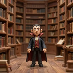 dracula alone in a giant library, 3 d stop motion claymation, atmospheric, hand crafted