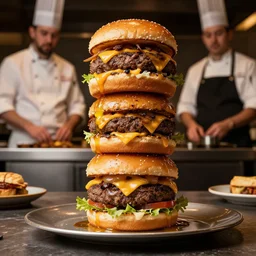 a photograph of a giant cheeseburger tower, cooked to perfection, chefs table, netflix, gourmet, three michelin star