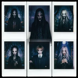 ominous polaroid photo character designs sheet of scary entity cryptid designed by miles johnston, emil melmoth, junji ito, yoshitaka amano, toronto midnight haunted playground, midnight, weirdcore, deep aesthetics, global illumination