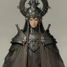 a portrait of a futuristic scifi technopriest, long robes, highly advanced technology, elaborate headdress, matte illustration by yoshitaka amano, cover art, trending on artstation