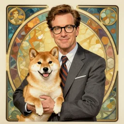 portrait of kramer from seinfeld holding doge shiba inu, art nouveau, by alphonse mucha