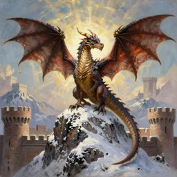 medieval fantasy oil painting, realism, lifelike, portrait of a european dragon that is perched atop a snowy mountain peak, as a dnd characer, surrounded by brick castle fortresses