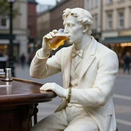 “ a marble statue of billy herrington sitting at a bar and drinking a beer, at a city square ”