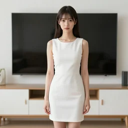 A doppelganger is standing in front of TV and wearing dress and mimicking appearance of female model by touching her image in the TV, highly detailed,