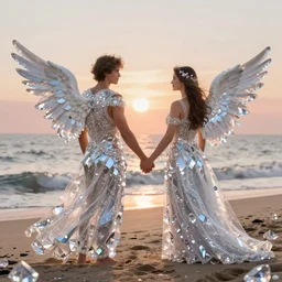 a male and a female angels holding hands, seen from the back on a beach made of shiny crystals, at sunset, highly detailed digital art, trending on artstation