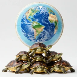 a stack of turtles beneath a round disc showing a map of the earth, earth on top