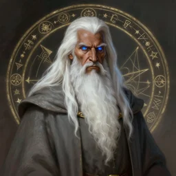 medium - length portrait of a male wizard wreathed in arcane sigils with long white hair and glowing blue eyes, long white beard, dark brown skin, stern expression, wears a long robe, medieval setting, highly detailed, digital painting, artstation, concept art, sharp focus, illustration, art by greg rutkowski and alphonse mucha