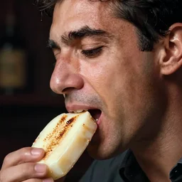 closeup headshot photo of the man passionately tasting the best halloumi, detailed face details