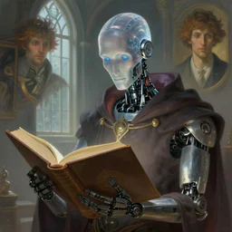 portrait of a robot wizard reading a big book, transparent scalp, window, intellectual, sofisticated, fantasy, highly detailed, digital painting, artstation, concept art, character art, art by greg rutkowski and tyler jacobson and alphonse mucha
