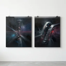 2 piece on a wall, futuristic dark surrealism, spary painting, artwork by obey