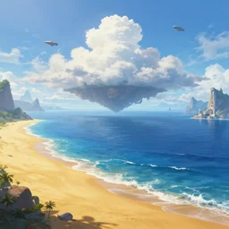 beautiful matte painting of golden shores of a blue dreamy ocean, heavenly island in the clouds floating above the ocean, spaceship flying by, towering mountains emerging from the ocean, entrance to a city, sci - fi, daylight, blue sky, cinematic lighting, cinematic perspective, syd mead, john harris, federico pelat