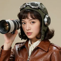 ektachrome, telephoto lens, highly detailed : incredibly realistic, youthful asian demure, feminine cut, exquisite features, close up portrait photo 1 9 7 0 s frontiers in flight leather suit cosplay fashion, nick night, show studio