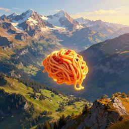 matte painting of beautiful mountain landscape in northern switzerland with flying spaghetti moster in the center, by albert whitlock, amazing details, beautiful composition, vibrant colors, bird eye view, luminescent, warm hue's
