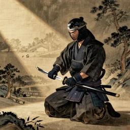 Edo period Japan Ronin cleaning his sword in the style of an ancient painting