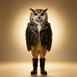 front of owl wearing biker jacket, portrait photo, full body, backlit, studio photo, golden ratio
