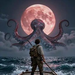 the age of discovery, red moon over stormy ocean, huge clouds in the form of a gigantic octopus, the greatest adventurer
