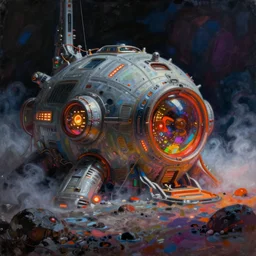 a dark and colorful close - up of a sci - fi moon base with led lights glowing fog in the background. highly detailed science fiction painting by norman rockwell, frank frazetta, and syd mead. rich colors, high contrast, gloomy atmosphere, dark background. trending on artstation