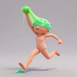 funny lady running frantically without covering, holding a slime abover her head. bits of goo rain down on her. photorealistic. style of pixar.