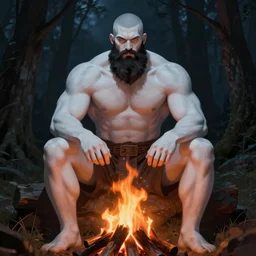concept art of a tall muscular man, with a full black beard, sitting at a campfire with red and orange flames, in the forest at night, barbarian with white and gray skin, very short hair on sides of head, shoulder armor with bear fur, long braided hair on top of head, tribal tattoos on back, style by donato giancola, wayne reynolds, jeff easley dramatic light, high detail, cinematic lighting, artstation, dungeons and dragons
