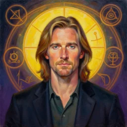 portrait of a jeff bridges as the dude by mandy jurgens, cartoon, oil painting, visionary art, symmetric, magick symbols, holy halo, dramatic ambient lighting, high detail, vibrant colors,