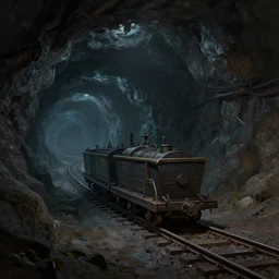 inside a dark mineshaft with minecart rails, a fantasy digital painting by, greg rutkowski and james gurney, trending on artstation, highly detailed