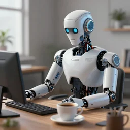 detailed hyperrealistic digital art of a robot at a desk job with a cup of coffee, detailed