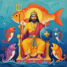 cell shading by haroon mirza intuitive, brightvibrant. a painting of a mythological scene. large, bearded man seated on a throne, surrounded by sea creatures. he has a trident in one hand & a shield in the other. behind him is a large fish. in front of him are two smaller creatures.