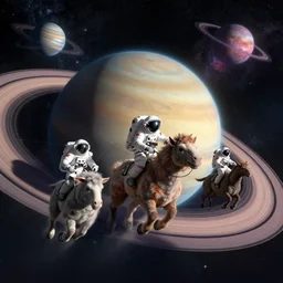 Astronauts are riding some mytical animals, they are floating over the rings of a gas planet, the star of the planetary system and nebulas are as background, by Jordan Grimmer digital art, trending on Artstation,