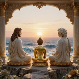 a stunning 3 d render of a jesus and buddah and fredrick nietzsche meditating on a cliff facing away from the camera watching the sunrise over the ocean, turbulent ocean in the background, intricate, elegant, highly detailed, artstation, ultra sharp focus, octane render, volumetric lighting, in a neoclassical and baroque style