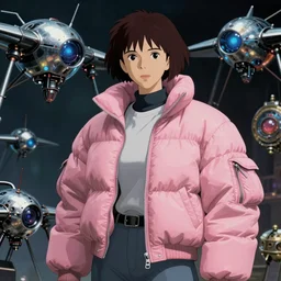 beautiful robot fantasy portrait, wearing oversized pink puffy bomber jacket, futuristic chrome drones, ultra realistic, robot, dramatic lighting, the fifth element artifacts, highly detailed by boris vallejo, studio ghibli