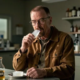 movie still walter white from braking bad in lab cote eating water ice