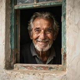 an old man smiling seen through a small window