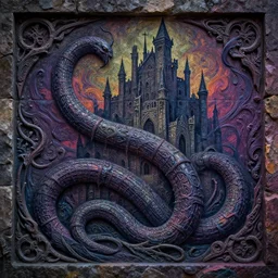eldritch evil lovecraftian snaking patterns in a carved stone wall, hyper stylized texture art, moody psychedelic colors, alien gothic stone castle, handpainted