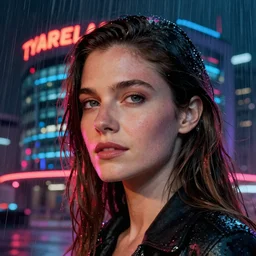 close up portrait of rachael tyrell from blade runner at tyrell headquarters photographed by annie leibovitz, cyberpunk, colorful!, nighttime!, raining!