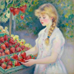 Cute Blonde Girl 21 years old with locks sells Strawberries in a fruit stand, oil on canvas, Impressionism