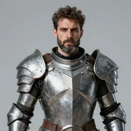 medium-length portrait of a male paladin with short curly hair and a greying beard, olive skin, a grim expression and tired eyes, wears a suit of power armor, magitech!, Enchanted power armor, gundam, medieval setting, highly detailed, digital painting, artstation, concept art, sharp focus, illustration, art by greg rutkowski and alphonse mucha