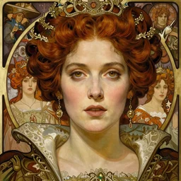 realistic detailed face portrait of Natalie Dormer as Queen Elizabeth Tudor by Alphonse Mucha, Ayami Kojima, Amano, Charlie Bowater, Karol Bak, Greg Hildebrandt, Jean Delville, and Mark Brooks, Art Nouveau, Neo-Gothic, gothic, rich deep moody colors