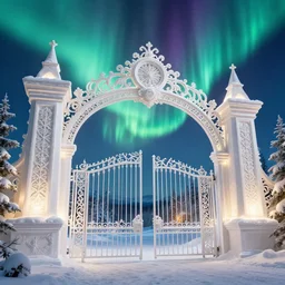 a very detailed concept art of intricate and well designed white gates to santa's northpole, infused with aurora borealis by greg rutkowski, dynamic lighting, trending on artstation, path traced, highly detailed, high quality, digital painting,, digital art, 4 k, hyper realistic, octane render, sharp focus
